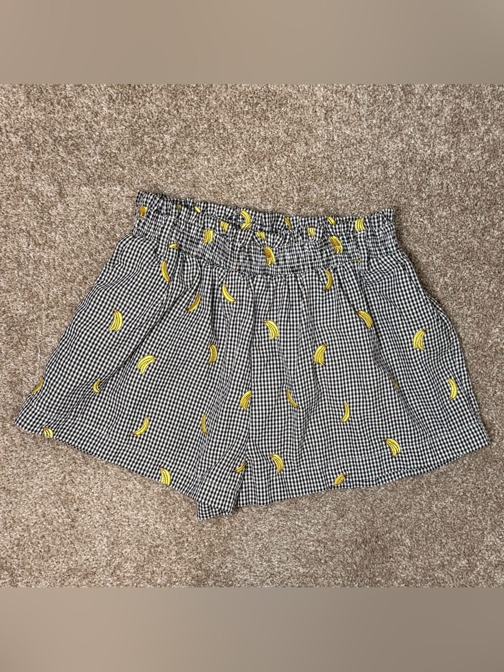 Forever 21 Girls M Black Gingham High-Waist Shorts Yellow Banana Motif NO BELT